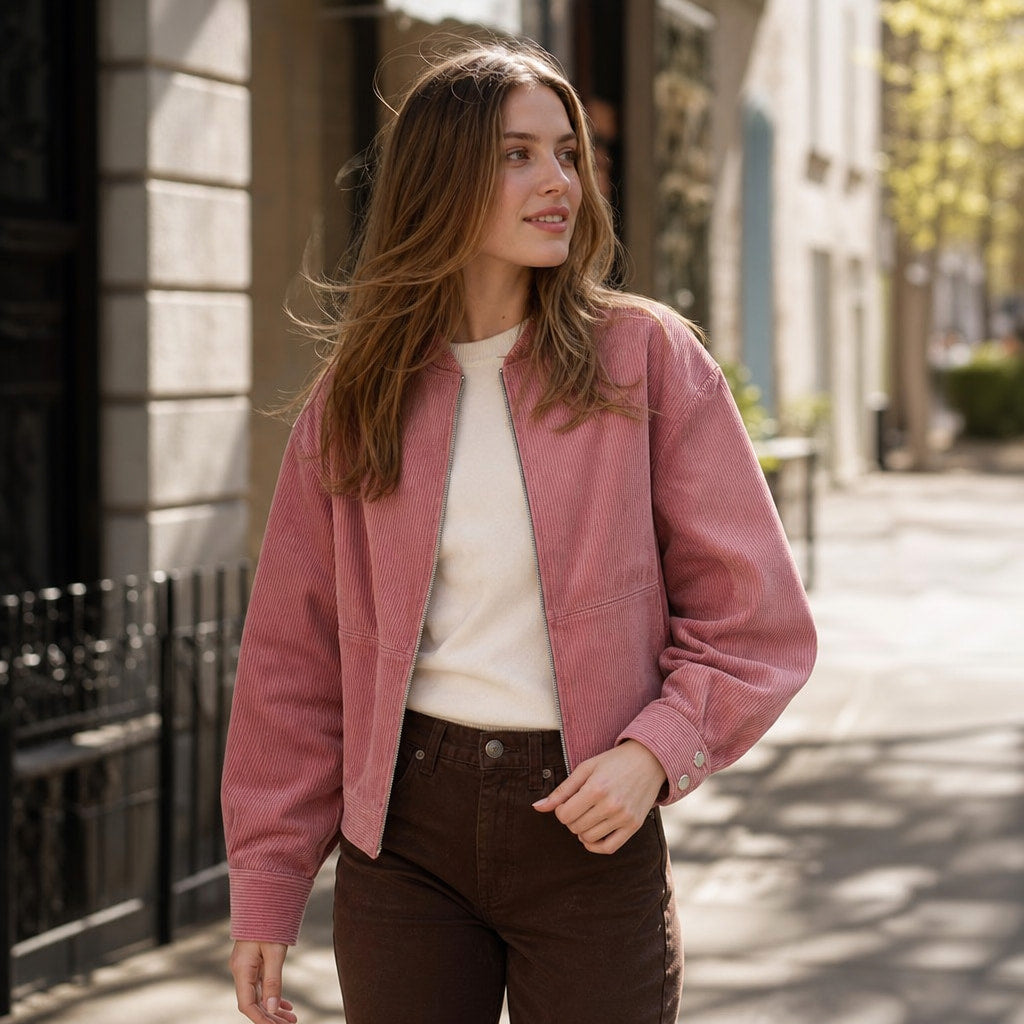 Stylish Cropped Zip-Up Women's Bomber Jacket Pink – Styled Editorial Shot
