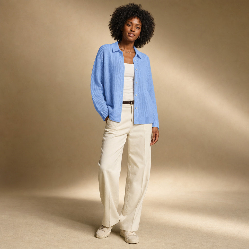 Elegant Cozy Knit Cardigan Blue – Side Angle View