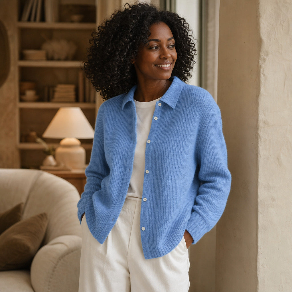 Elegant Cozy Knit Cardigan Blue – Styled Editorial Shot