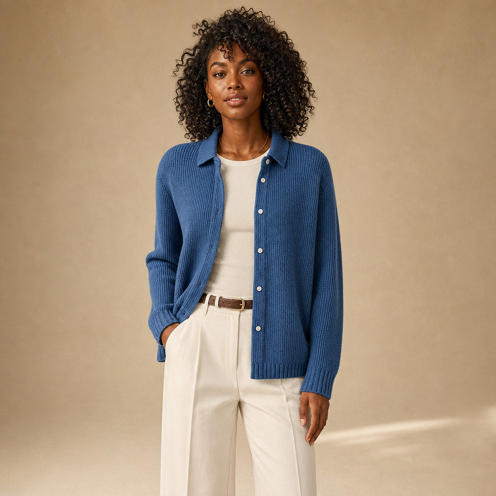 Elegant Cozy Knit Cardigan in Dark Blue – Mampierimoda Premium Womenswear