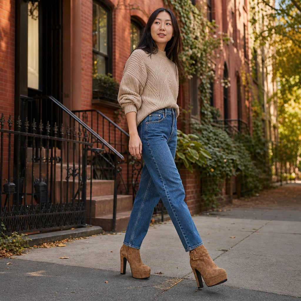 Thea Women's Leather Platform Heels Brown – Styled Editorial Shot