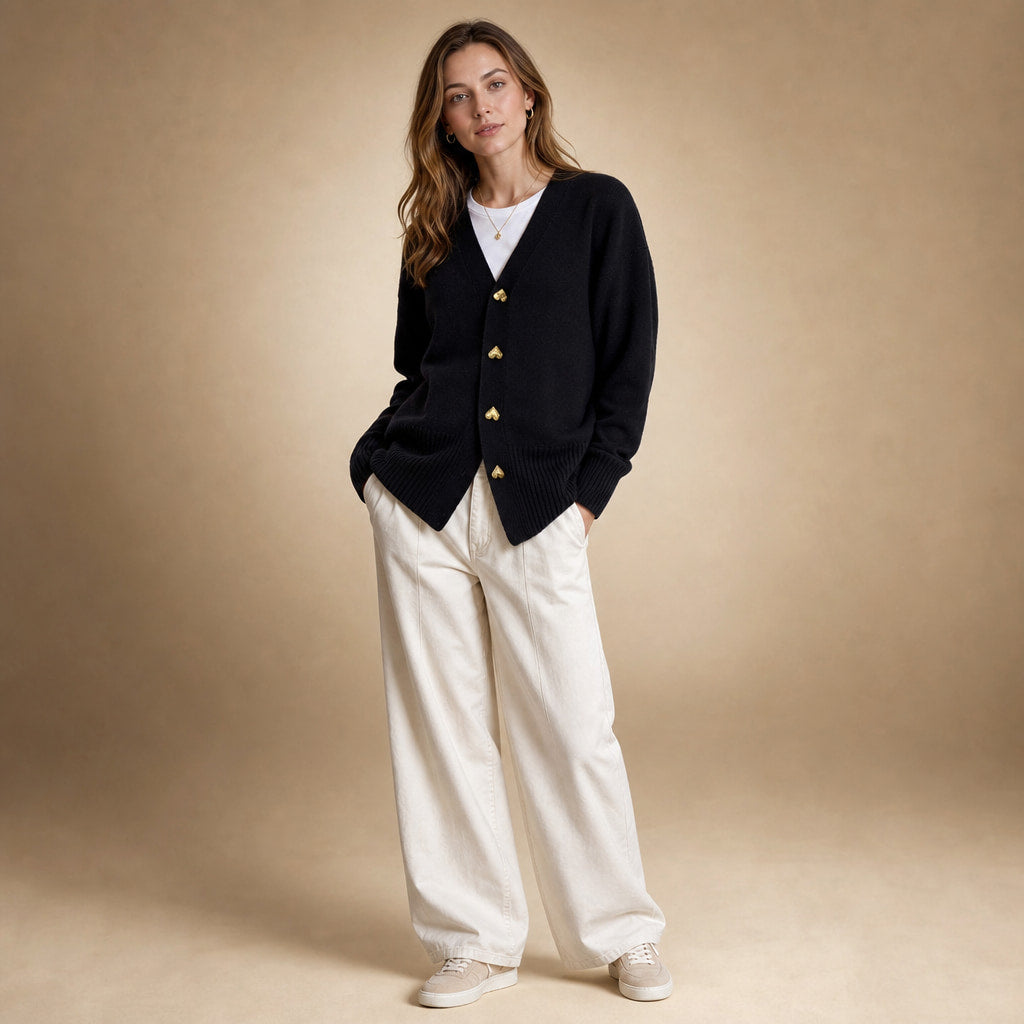 V-Neck Cardigan Sweater - Soft Knit Button Front Cardigan Black – Side Angle View