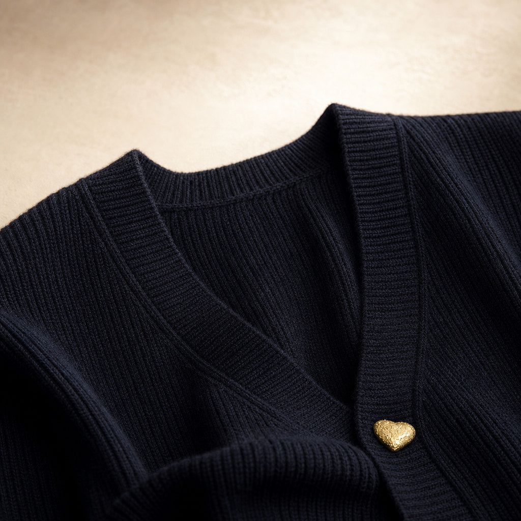 V-Neck Cardigan Sweater - Soft Knit Button Front Cardigan Black – Fabric and Detail Close-Up