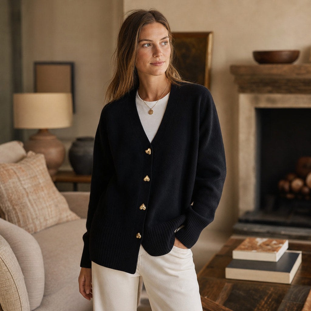 V-Neck Cardigan Sweater - Soft Knit Button Front Cardigan Black – Styled Editorial Shot