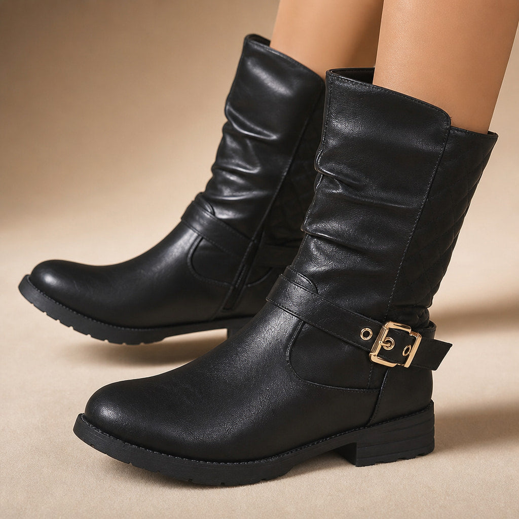 Elegant And Buckled Mid Calf Boots – Fabric and Detail Close-Up