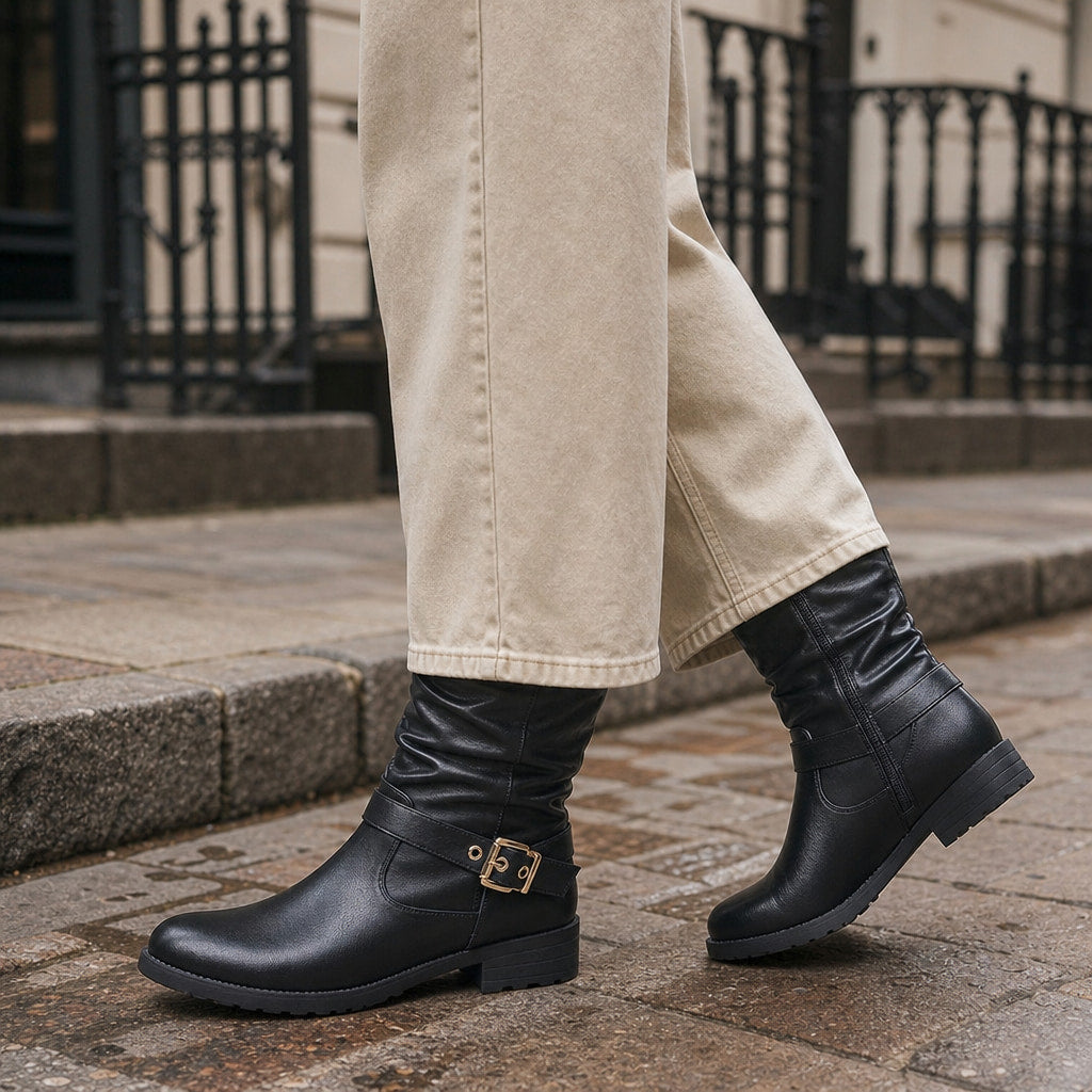 Elegant And Buckled Mid Calf Boots – Styled Editorial Shot
