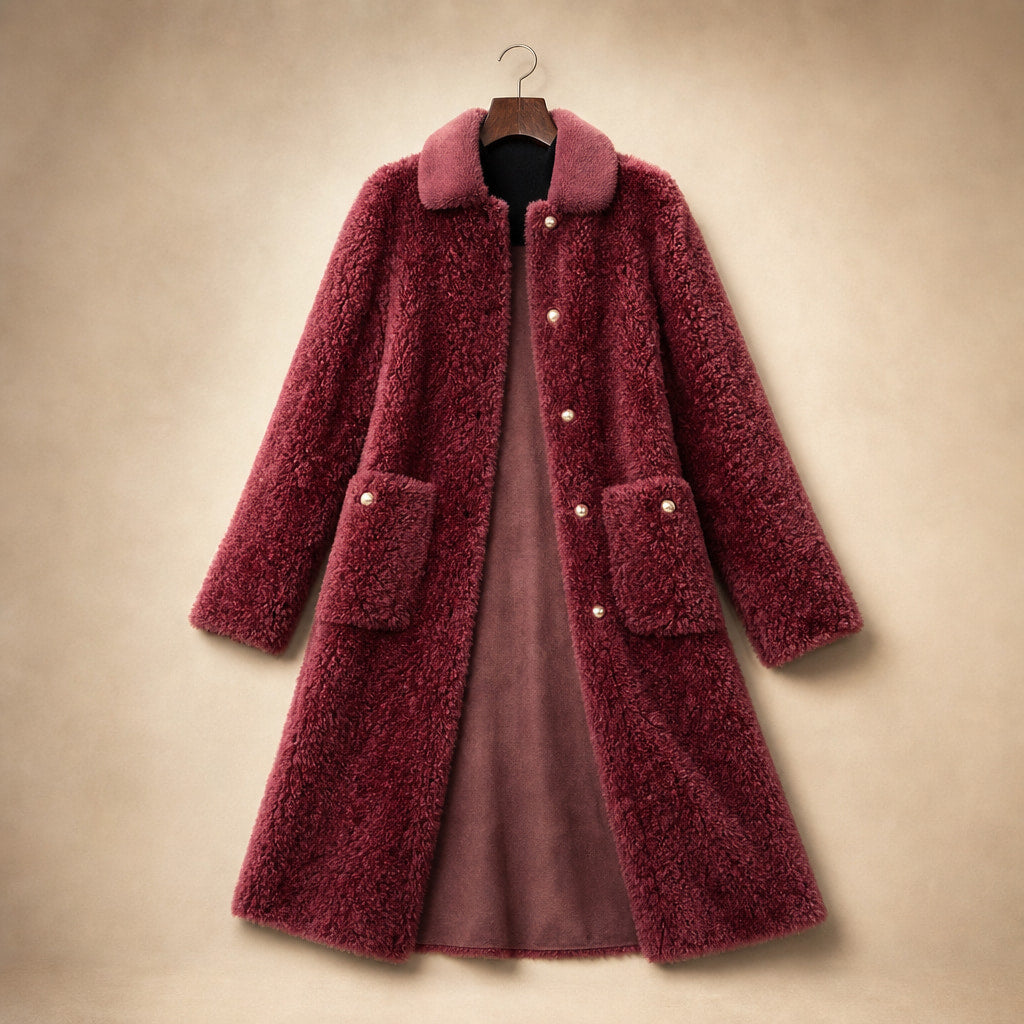 Victoria Couture Shearling Coat Crimson Red – Product Photo