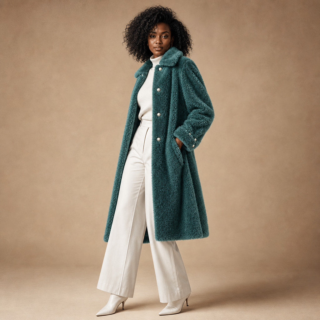Victoria Couture Shearling Coat Mint Green – Side Angle View