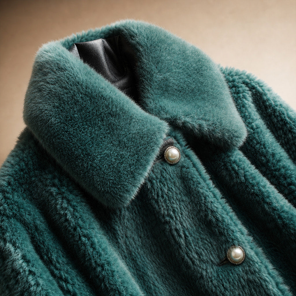 Victoria Couture Shearling Coat Mint Green – Fabric and Detail Close-Up