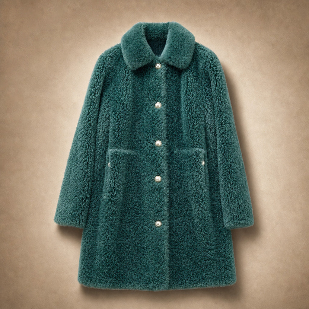 Victoria Couture Shearling Coat Mint Green – Flat Lay Product Photo