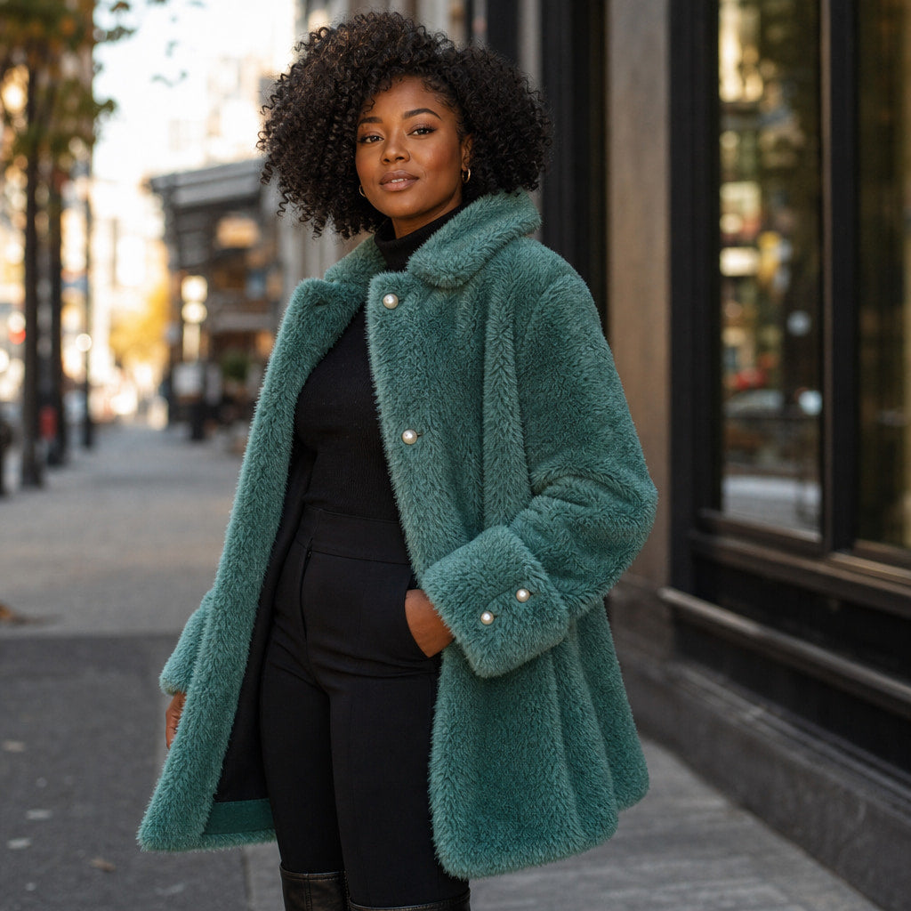 Victoria Couture Shearling Coat Mint Green – Styled Editorial Shot