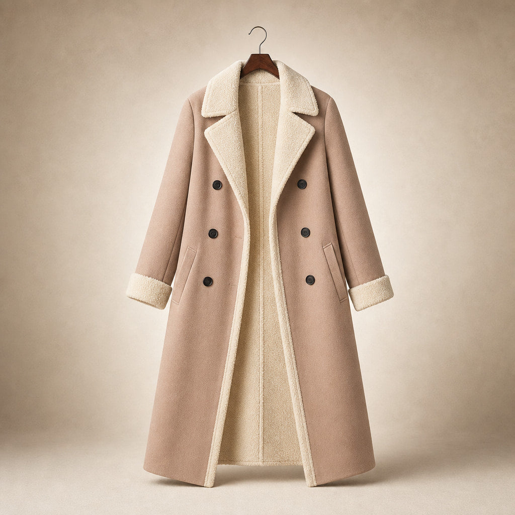 Warm Women's Longline Winter Coat with Quilted Lining - Elegant Long Coat Beige – Product Photo