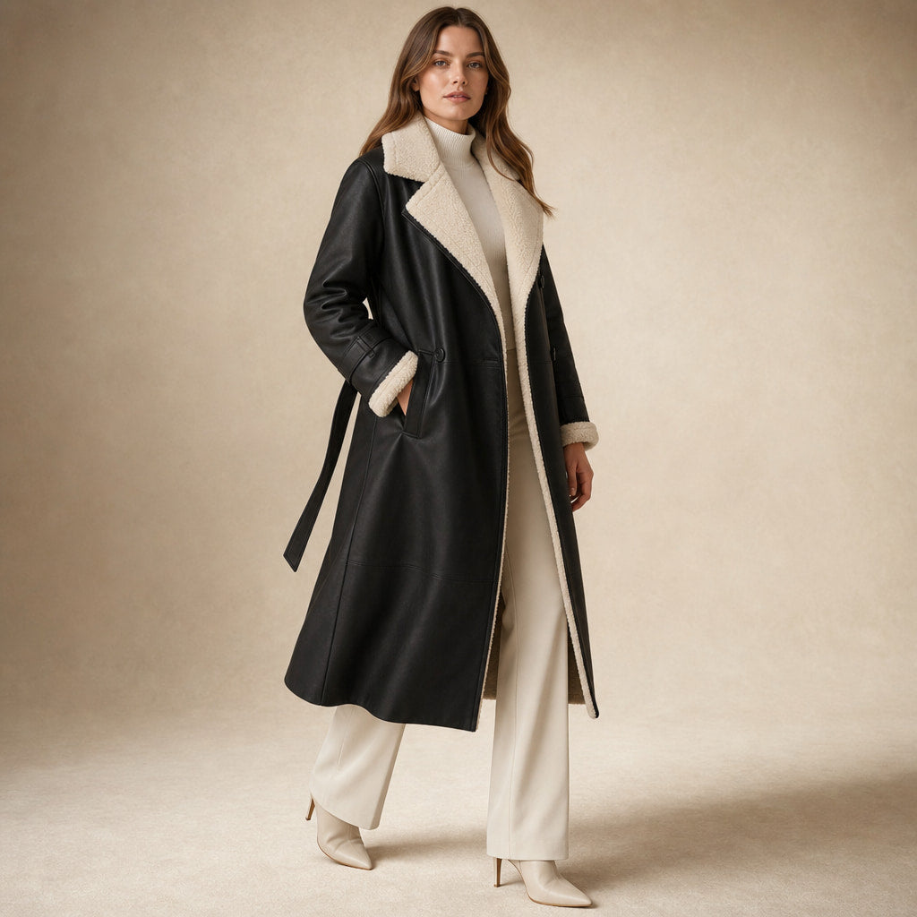Warm Women's Longline Winter Coat with Quilted Lining - Elegant Long Coat Black – Side Angle View