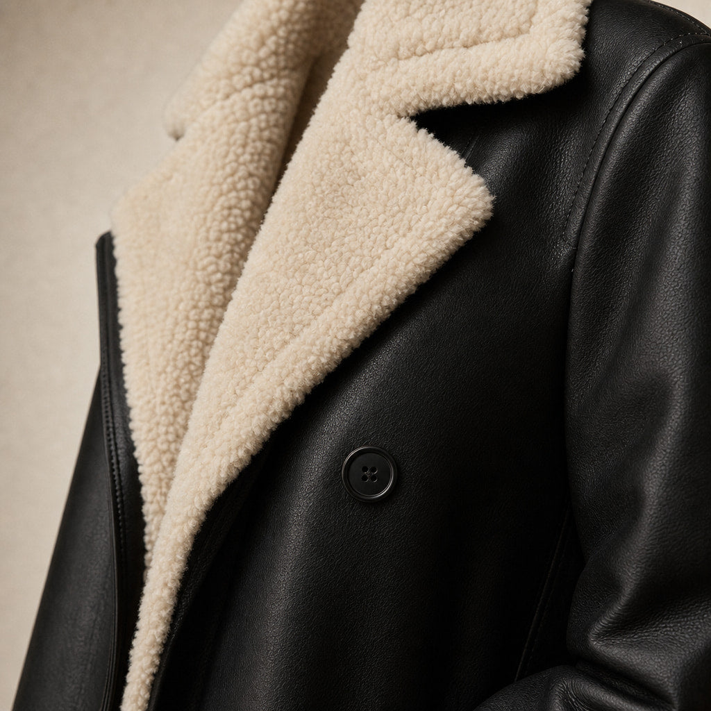 Warm Women's Longline Winter Coat with Quilted Lining - Elegant Long Coat Black – Fabric and Detail Close-Up