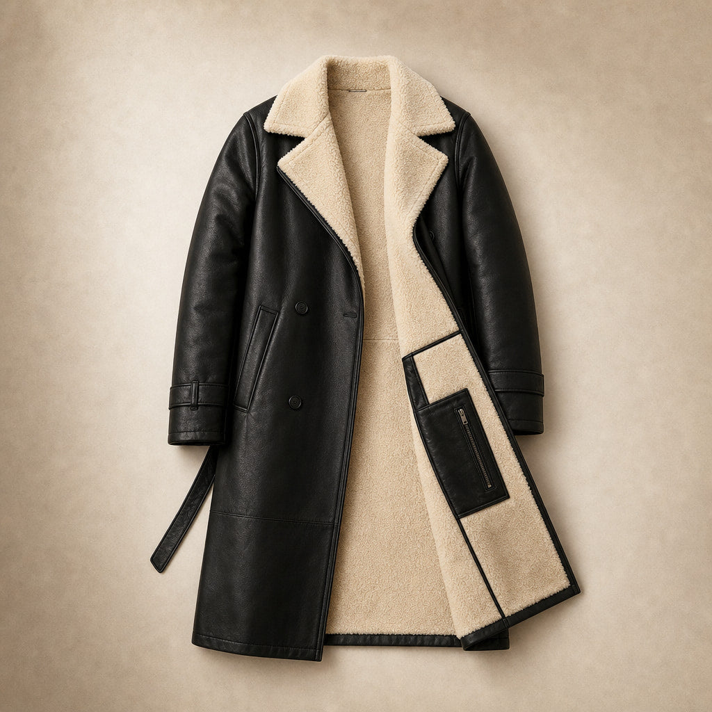 Warm Women's Longline Winter Coat with Quilted Lining - Elegant Long Coat Black – Flat Lay Product Photo