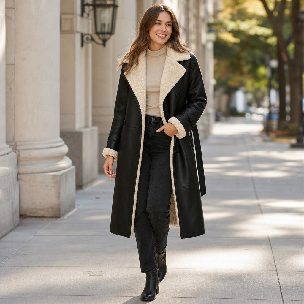Warm Women's Longline Winter Coat with Quilted Lining - Elegant Long Coat Black – Styled Editorial Shot