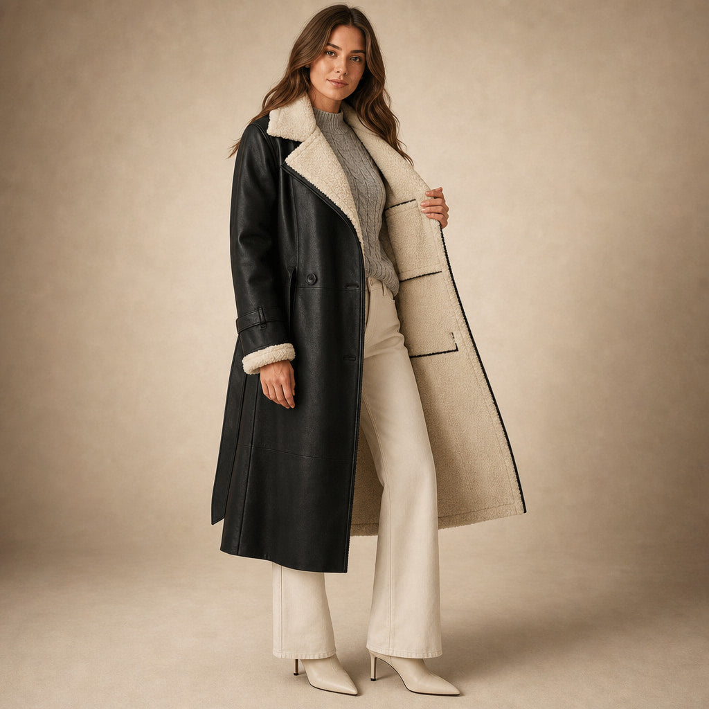 Warm Women's Longline Winter Coat with Quilted Lining - Elegant Long Coat Black – Interior Lining Detail
