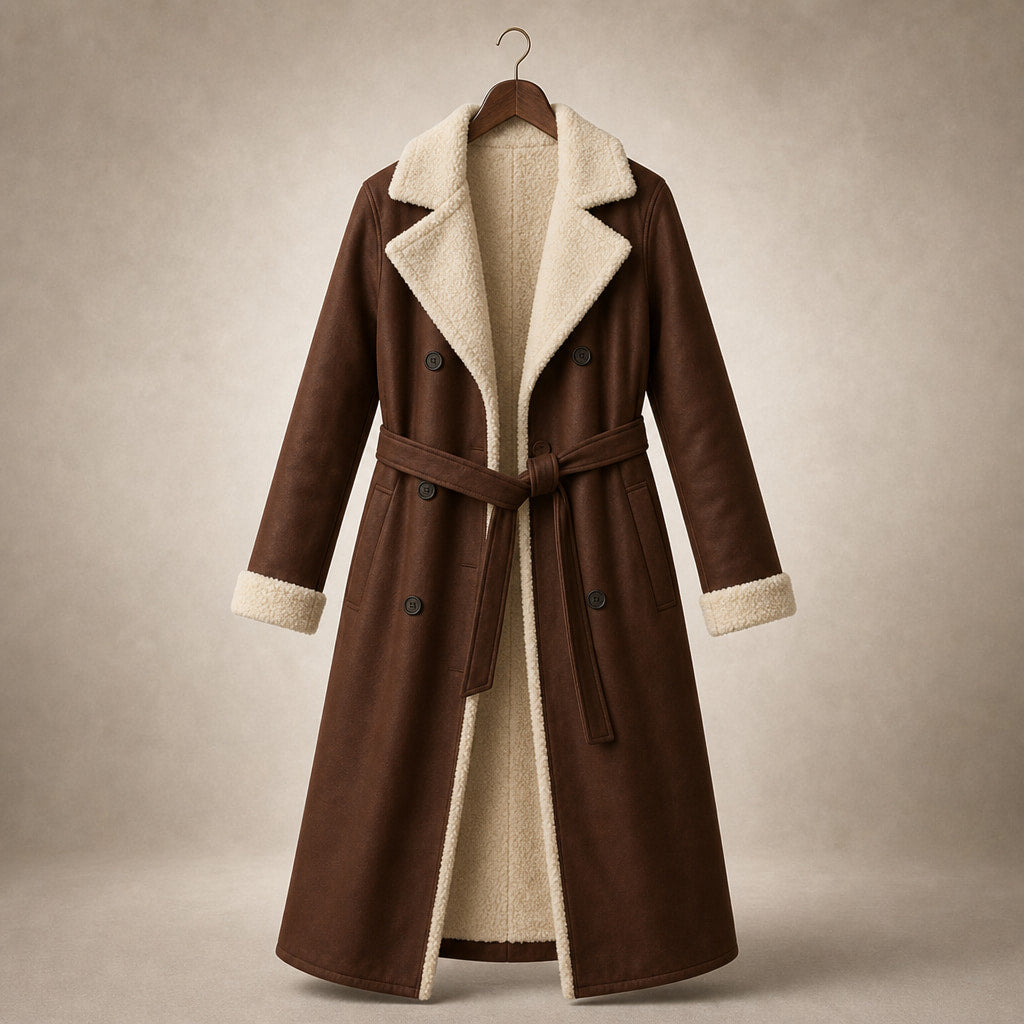 Warm Women's Longline Winter Coat with Quilted Lining - Elegant Long Coat Brown – Product Photo