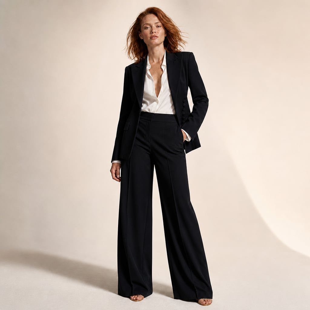 Wide-Leg Tailored Blazer and Trouser Two-Piece Suit with Peaked Lapels Black – Product Photo