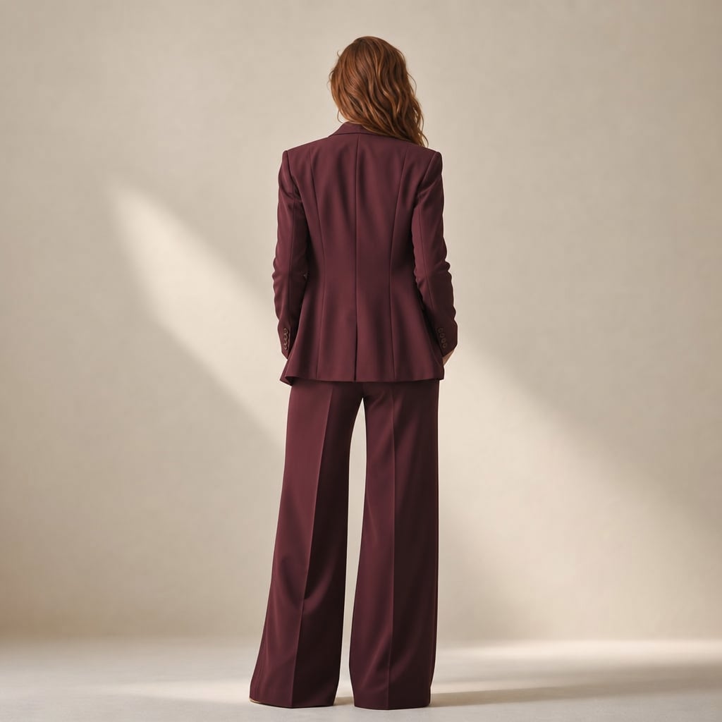 Wide-Leg Tailored Blazer and Trouser Two-Piece Suit with Peaked Lapels Burgundy – Side Angle View