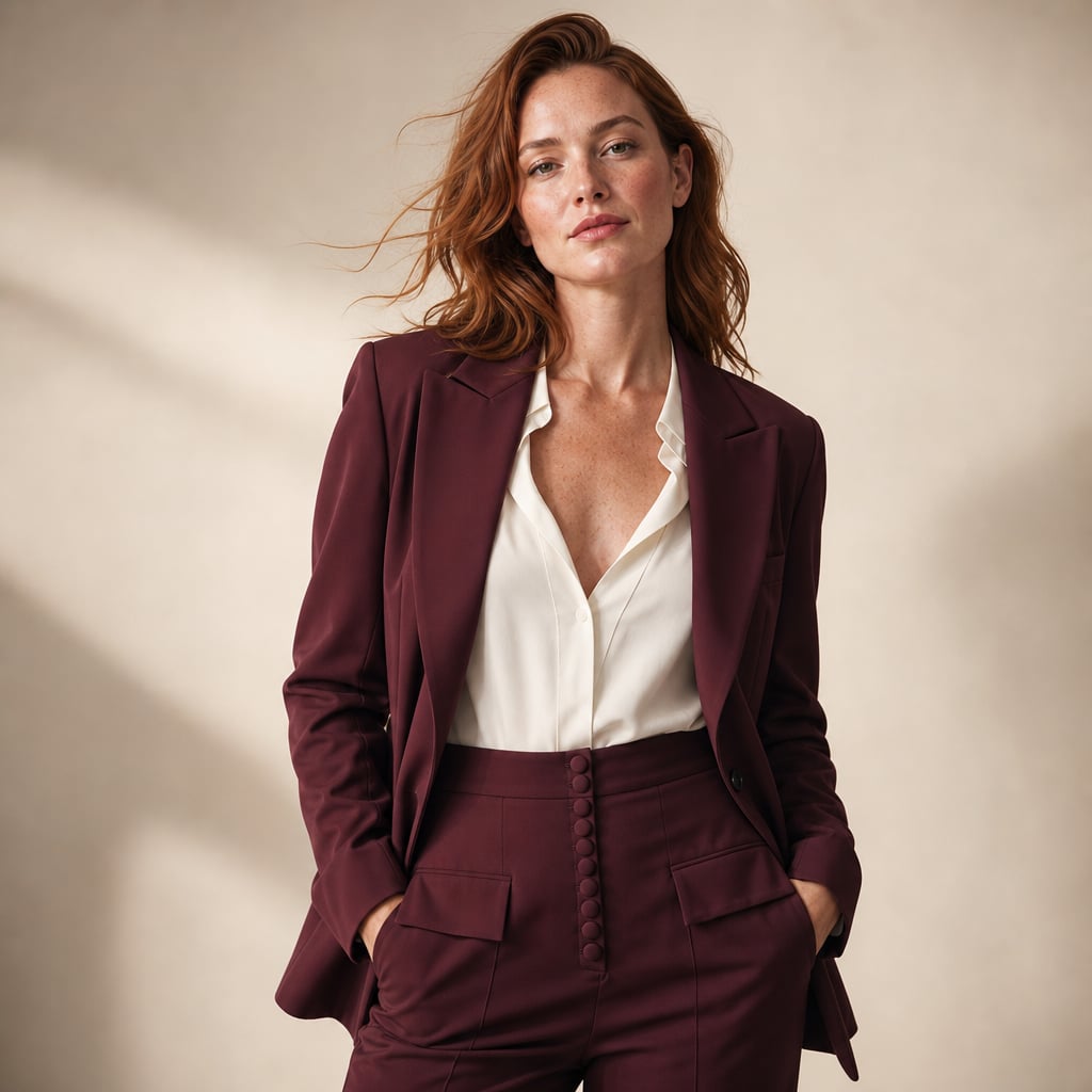 Wide-Leg Tailored Blazer and Trouser Two-Piece Suit with Peaked Lapels Burgundy – Full Look