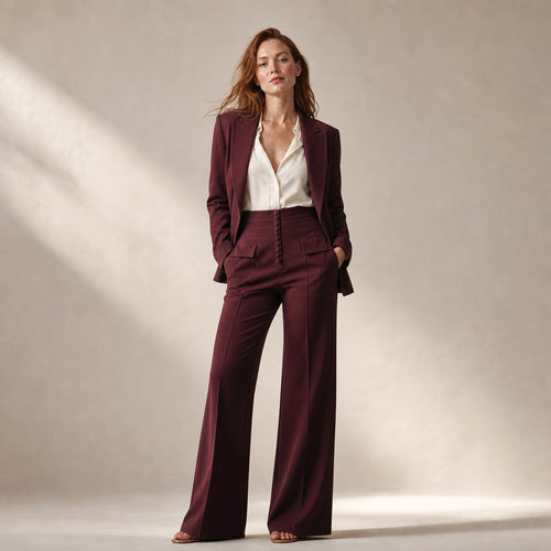 Wide-Leg Tailored Blazer and Trouser Two-Piece Suit with Peaked Lapels Burgundy – Product Photo