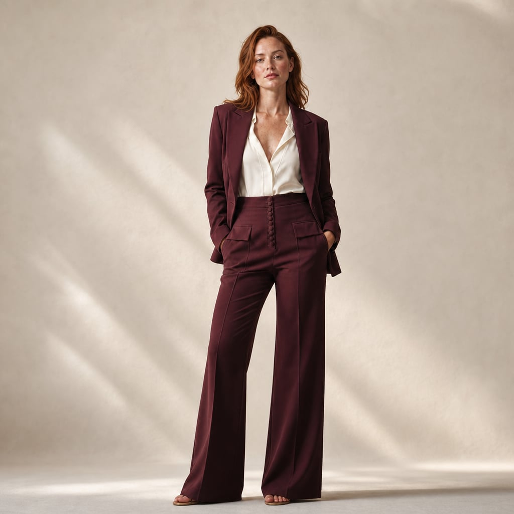 Wide-Leg Tailored Blazer and Trouser Two-Piece Suit with Peaked Lapels in Burgundy – Mampierimoda Premium Womenswear