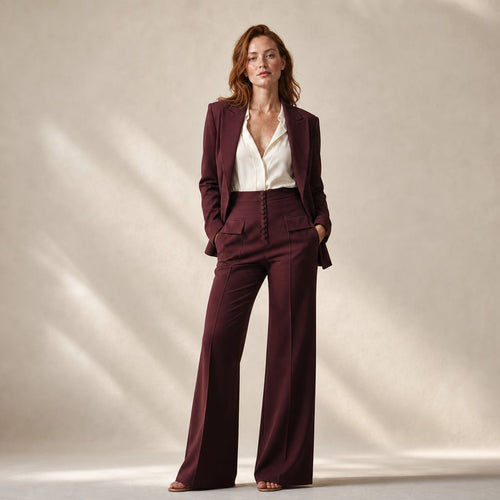 Wide-Leg Tailored Blazer and Trouser Two-Piece Suit with Peaked Lapels in Burgundy – Mampierimoda Premium Womenswear