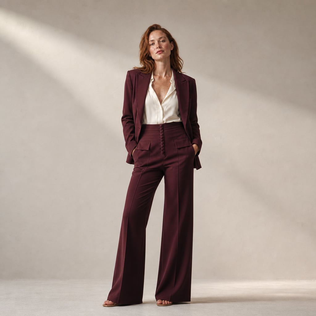 Wide-Leg Tailored Blazer and Trouser Two-Piece Suit with Peaked Lapels Burgundy – Styled Editorial Shot