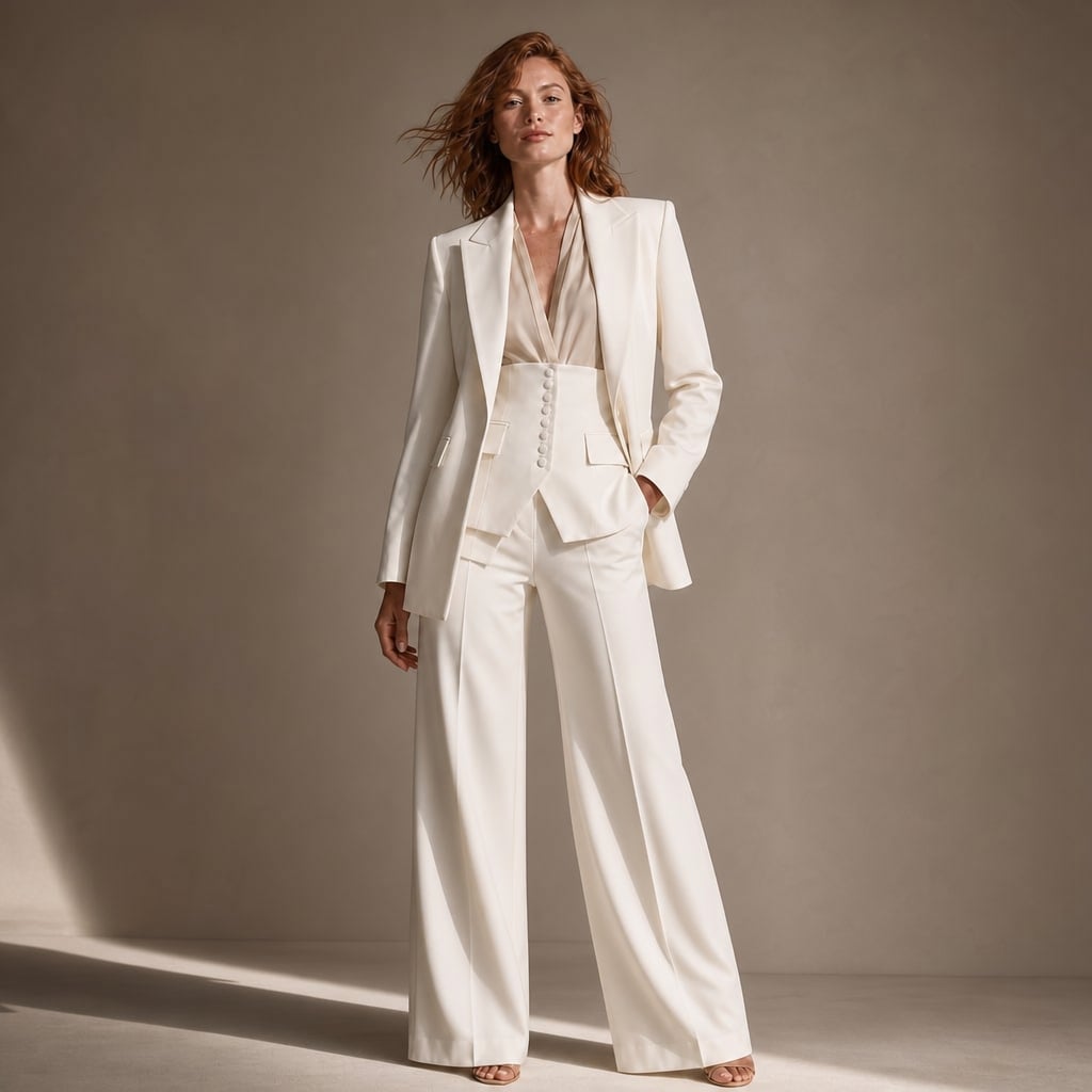 Wide-Leg Tailored Blazer and Trouser Two-Piece Suit with Peaked Lapels Cream – Product Photo