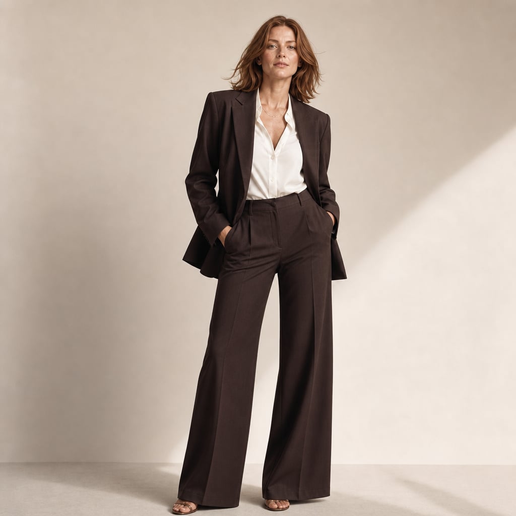 Wide-Leg Tailored Blazer and Trouser Two-Piece Suit with Peaked Lapels Dark Brown – Product Photo