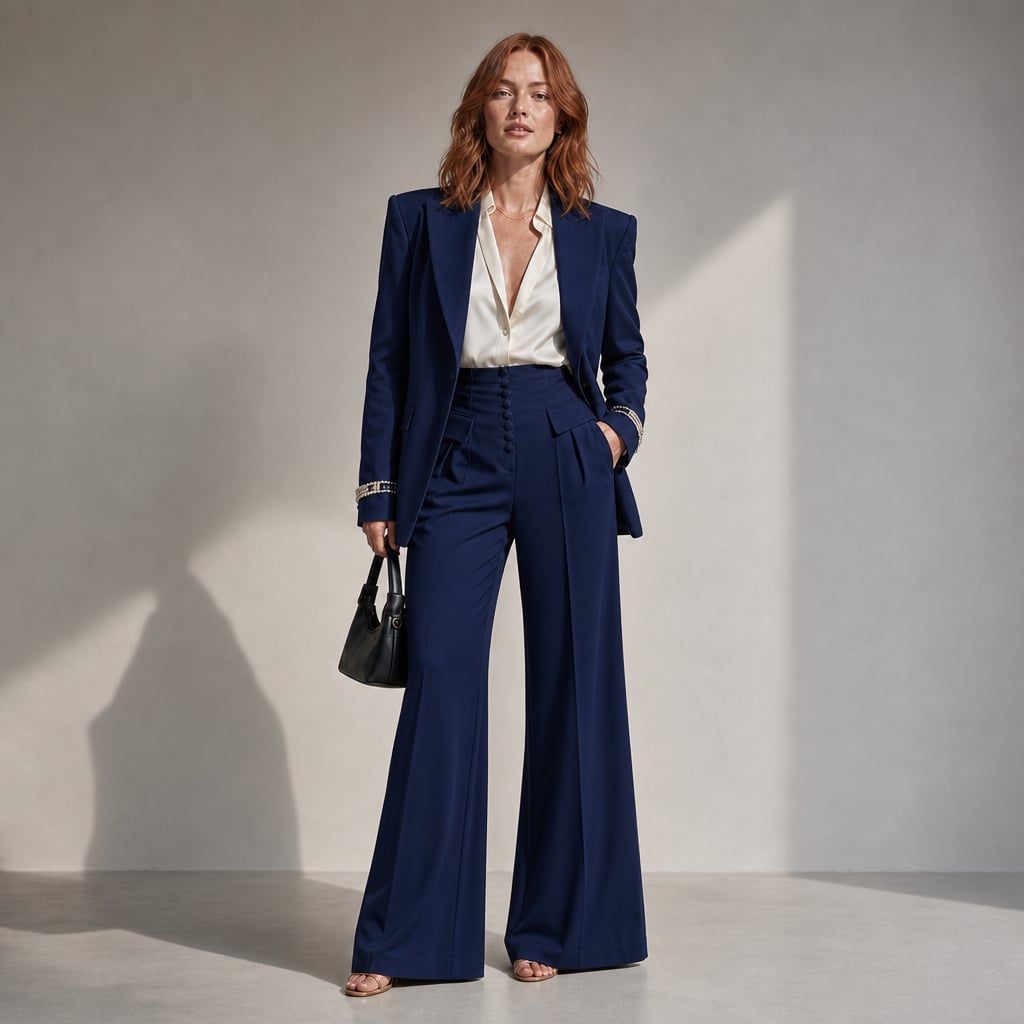 Wide-Leg Tailored Blazer and Trouser Two-Piece Suit with Peaked Lapels Navy Blue – Product Photo