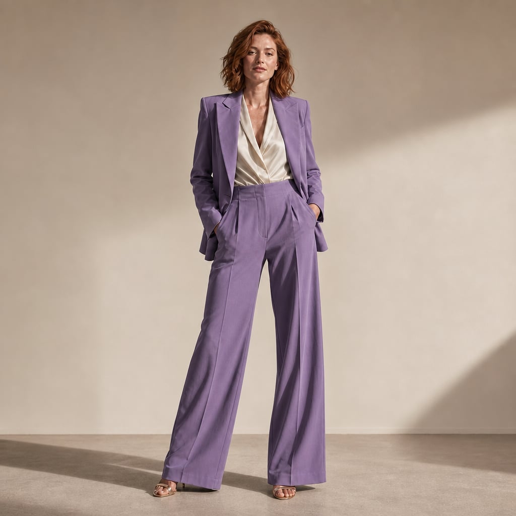 Wide-Leg Tailored Blazer and Trouser Two-Piece Suit with Peaked Lapels Purple – Product Photo