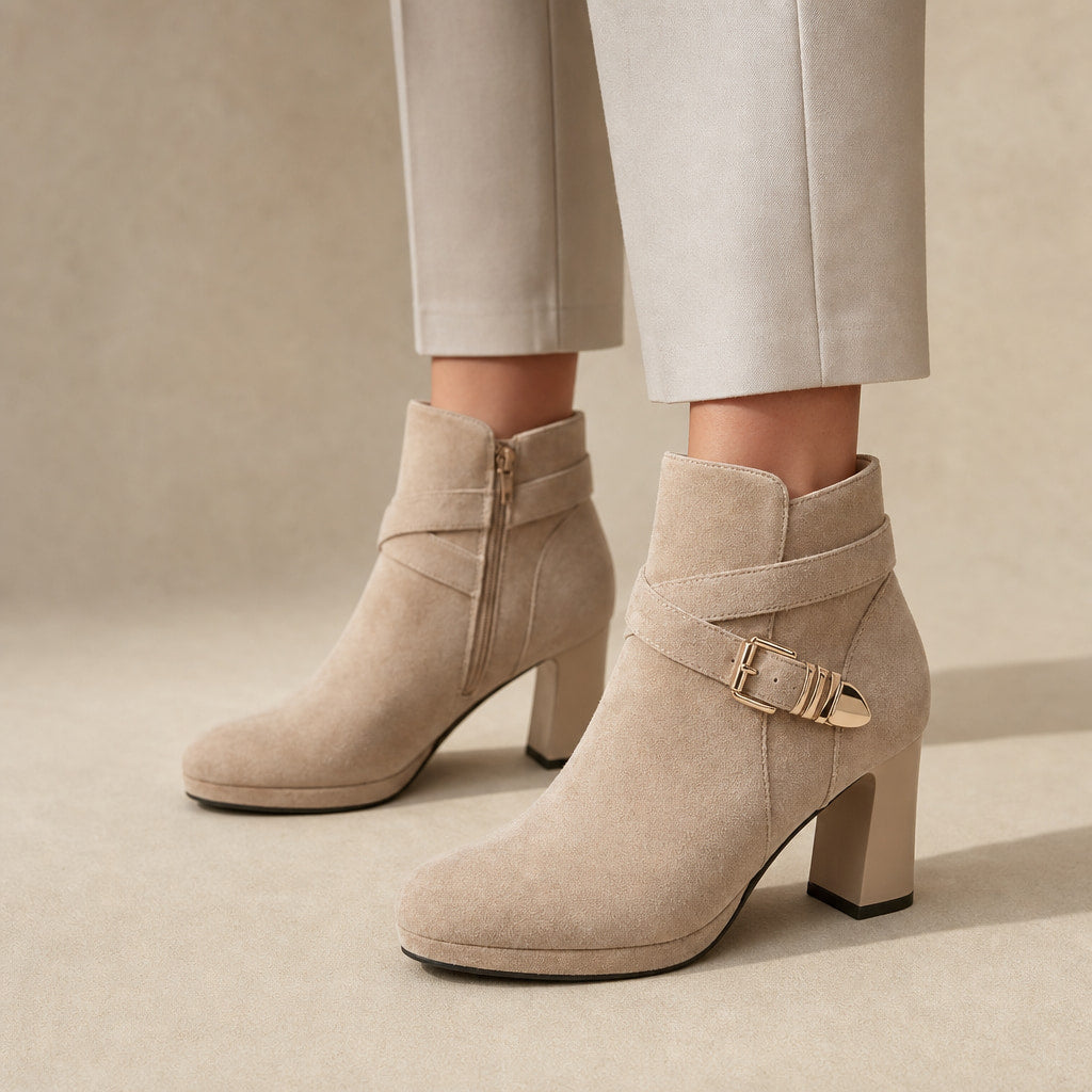 Women's Ankle Boots, Buckle Strap Block Heel Round Toe Booties Almond – Product Photo