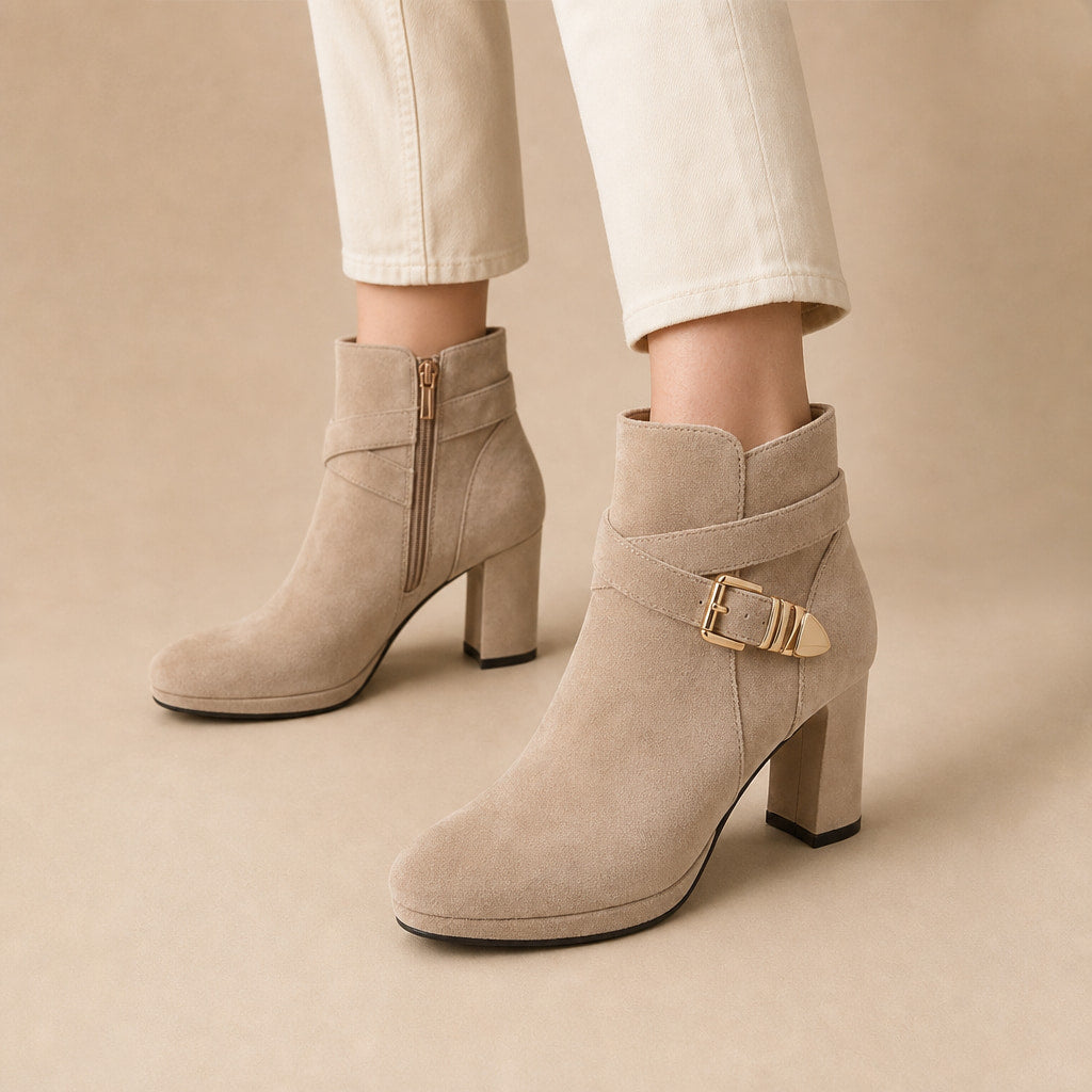 Women's Ankle Boots, Buckle Strap Block Heel Round Toe Booties in Almond – Mampierimoda Premium Womenswear