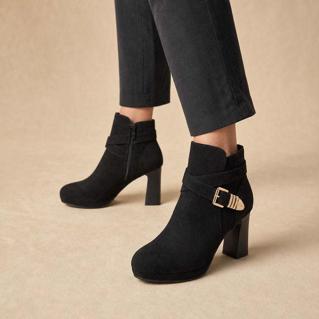 Women's Ankle Boots, Buckle Strap Block Heel Round Toe Booties Black – Product Photo