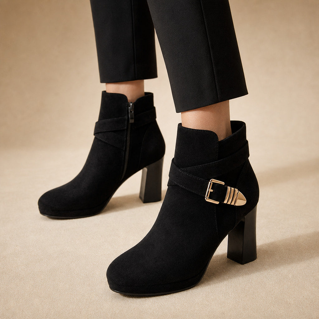 Women's Ankle Boots, Buckle Strap Block Heel Round Toe Booties in Black – Mampierimoda Premium Womenswear