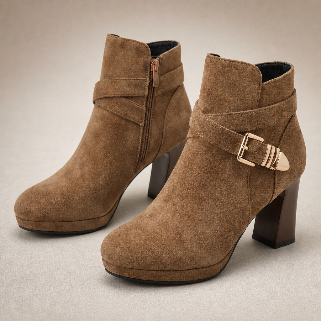 Women's Ankle Boots, Buckle Strap Block Heel Round Toe Booties Light Brown – Fabric and Detail Close-Up