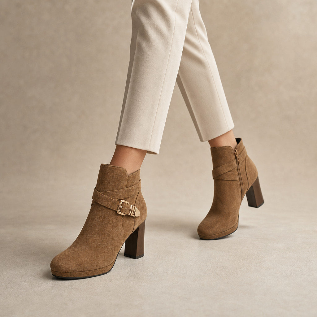 Women's Ankle Boots, Buckle Strap Block Heel Round Toe Booties Light Brown – Product Photo