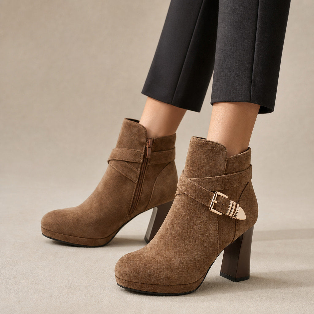 Women's Ankle Boots, Buckle Strap Block Heel Round Toe Booties in Light Brown – Mampierimoda Premium Womenswear