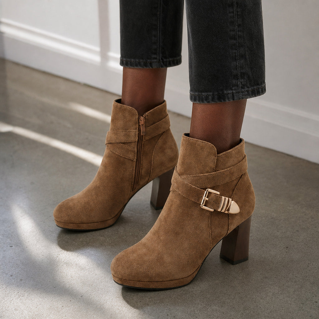 Women's Ankle Boots, Buckle Strap Block Heel Round Toe Booties Light Brown – Styled Editorial Shot, Detail