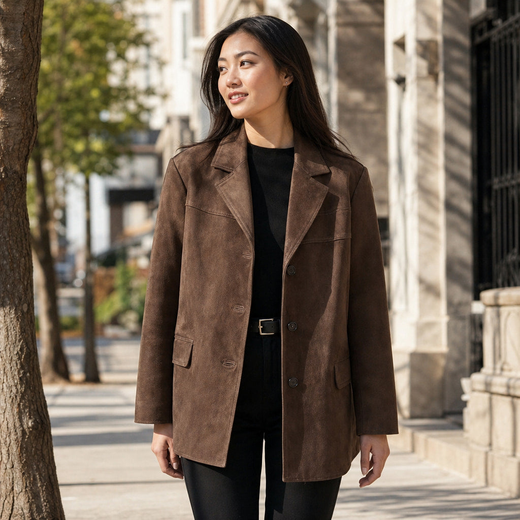 Women's Banbury Faux Suede Blazer Brown – Styled Editorial Shot