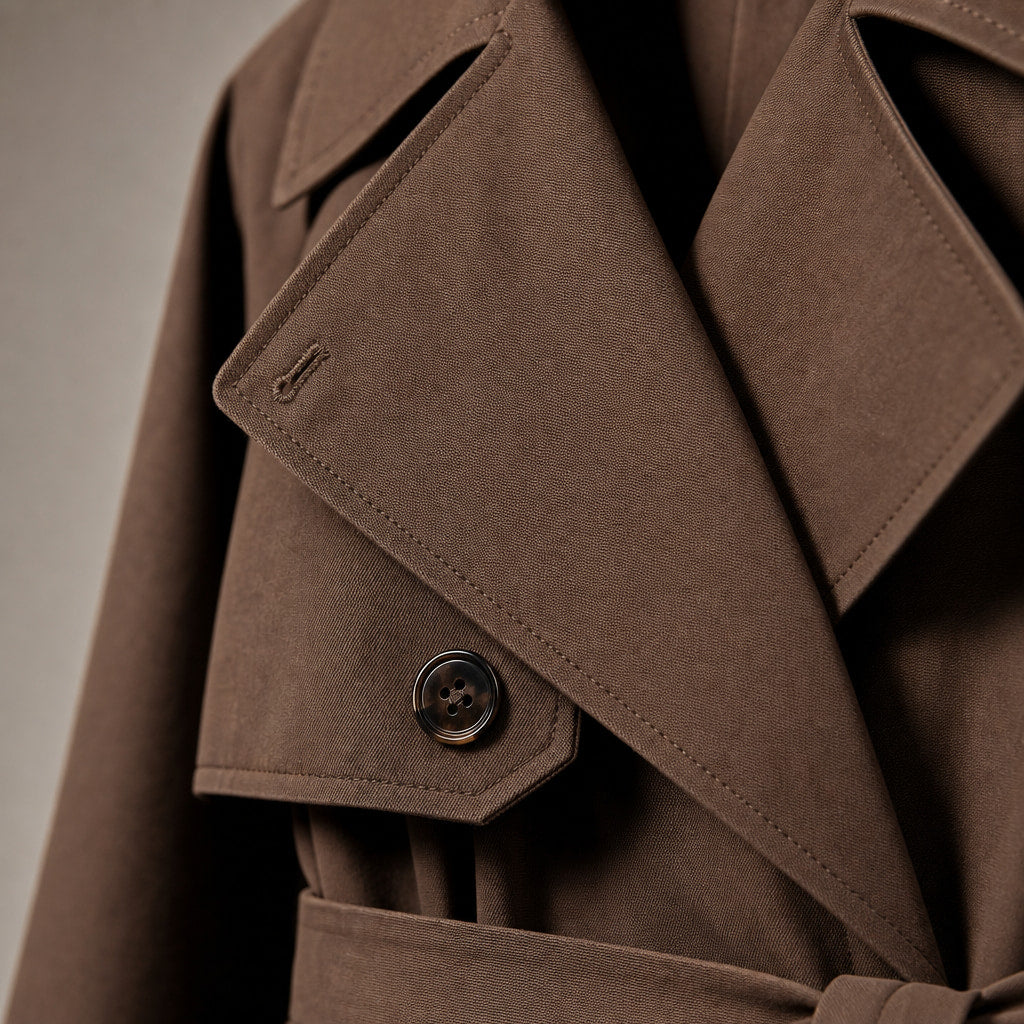 Women's Belted Double-Breasted Brown Trench Coat Brown – Fabric and Detail Close-Up