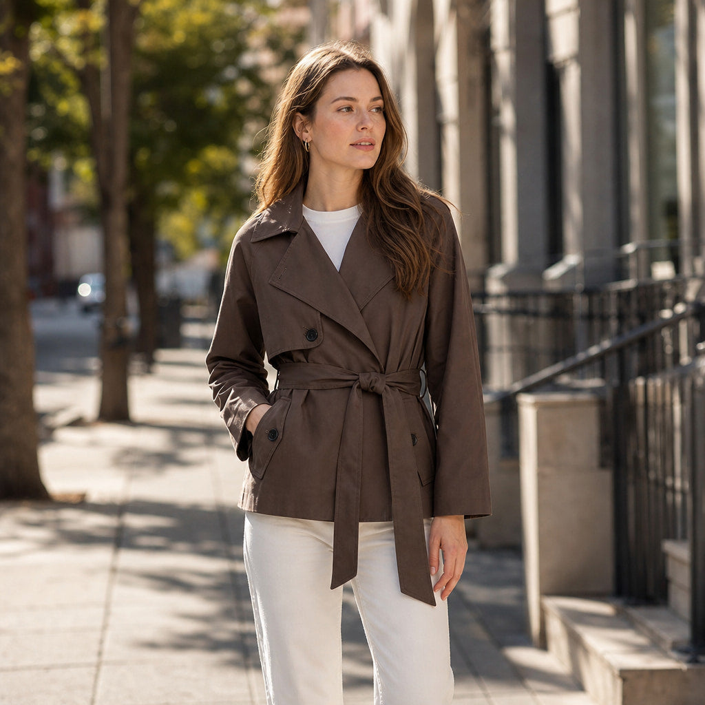 Women's Belted Double-Breasted Brown Trench Coat Brown – Styled Editorial Shot