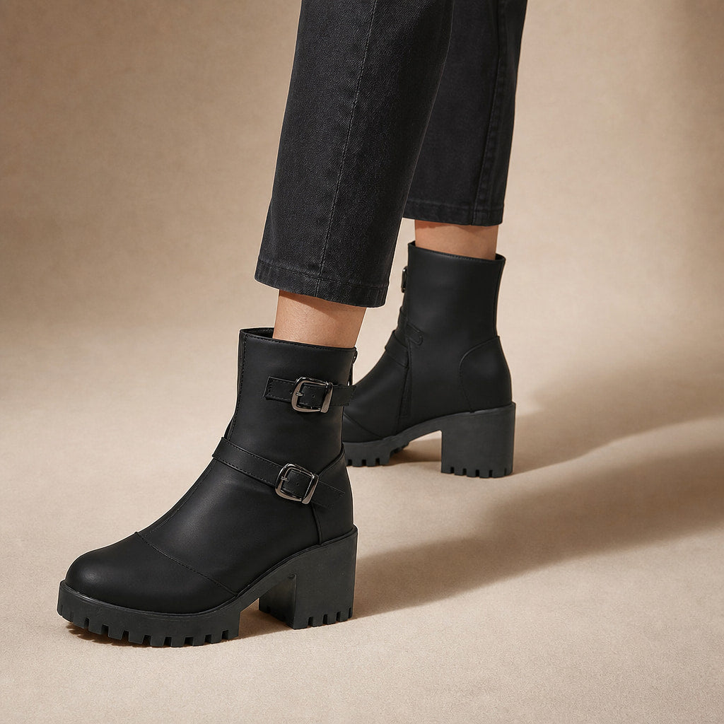 Women's Buckle Strap Ankle Boots, Moto Style Low Heel Booties Black – Product Photo