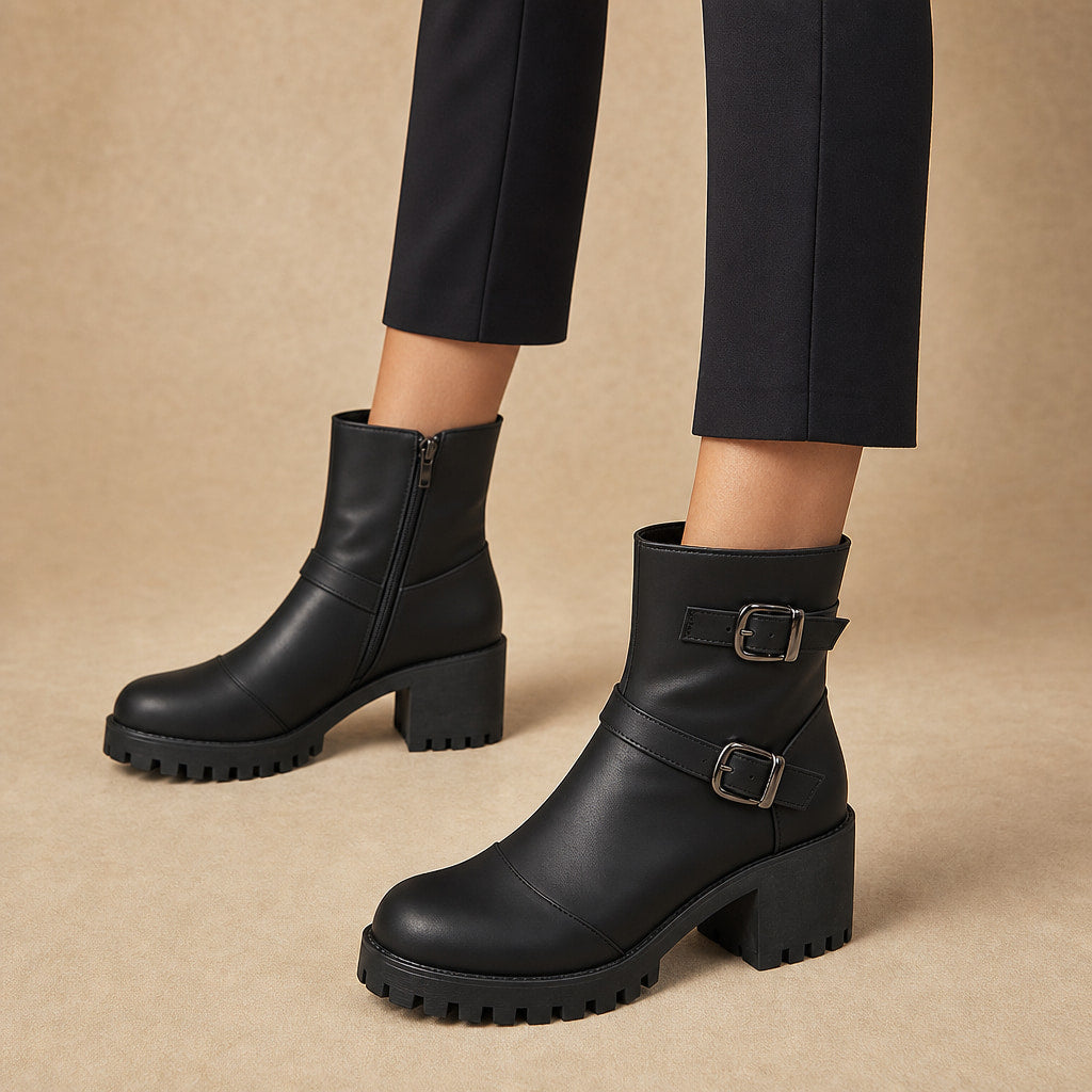 Women's Buckle Strap Ankle Boots, Moto Style Low Heel Booties in Black – Mampierimoda Premium Womenswear