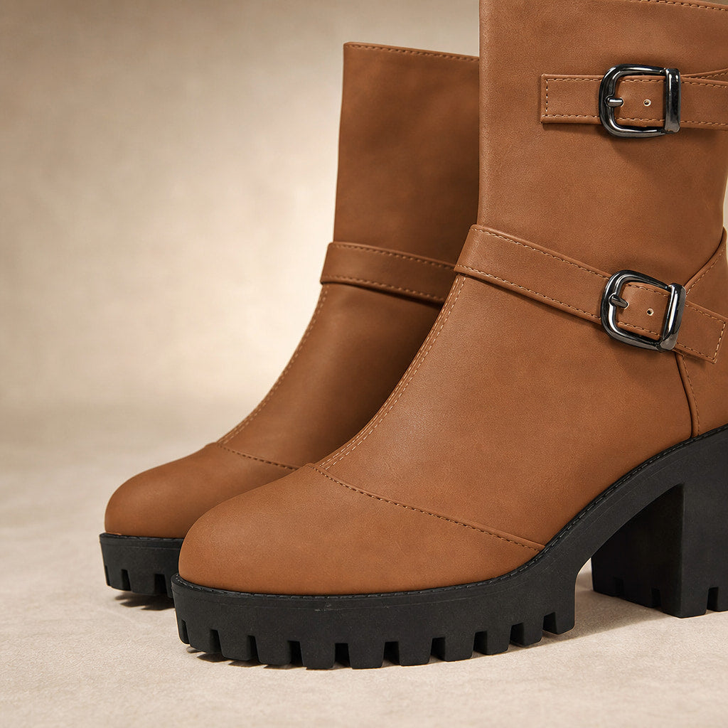 Women's Buckle Strap Ankle Boots, Moto Style Low Heel Booties Brown – Fabric and Detail Close-Up