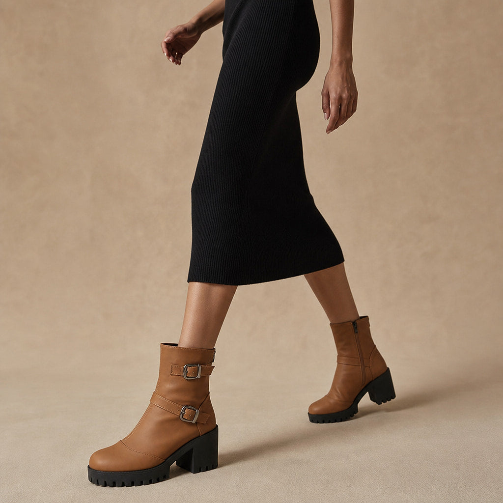 Women's Buckle Strap Ankle Boots, Moto Style Low Heel Booties Brown – Product Photo