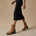 Women's Buckle Strap Ankle Boots, Moto Style Low Heel Booties Brown – Product Photo