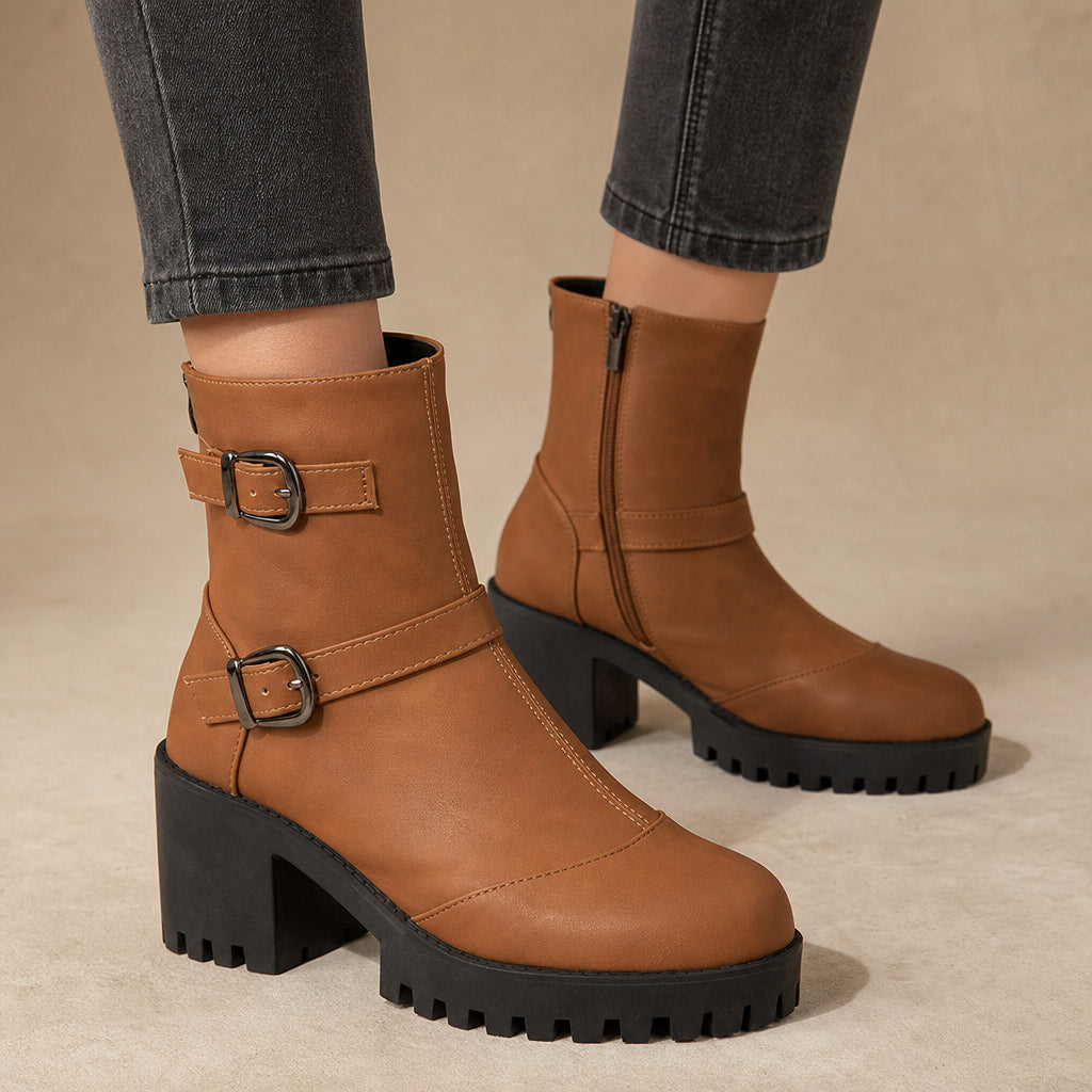 Women's Buckle Strap Ankle Boots, Moto Style Low Heel Booties in Brown – Mampierimoda Premium Womenswear